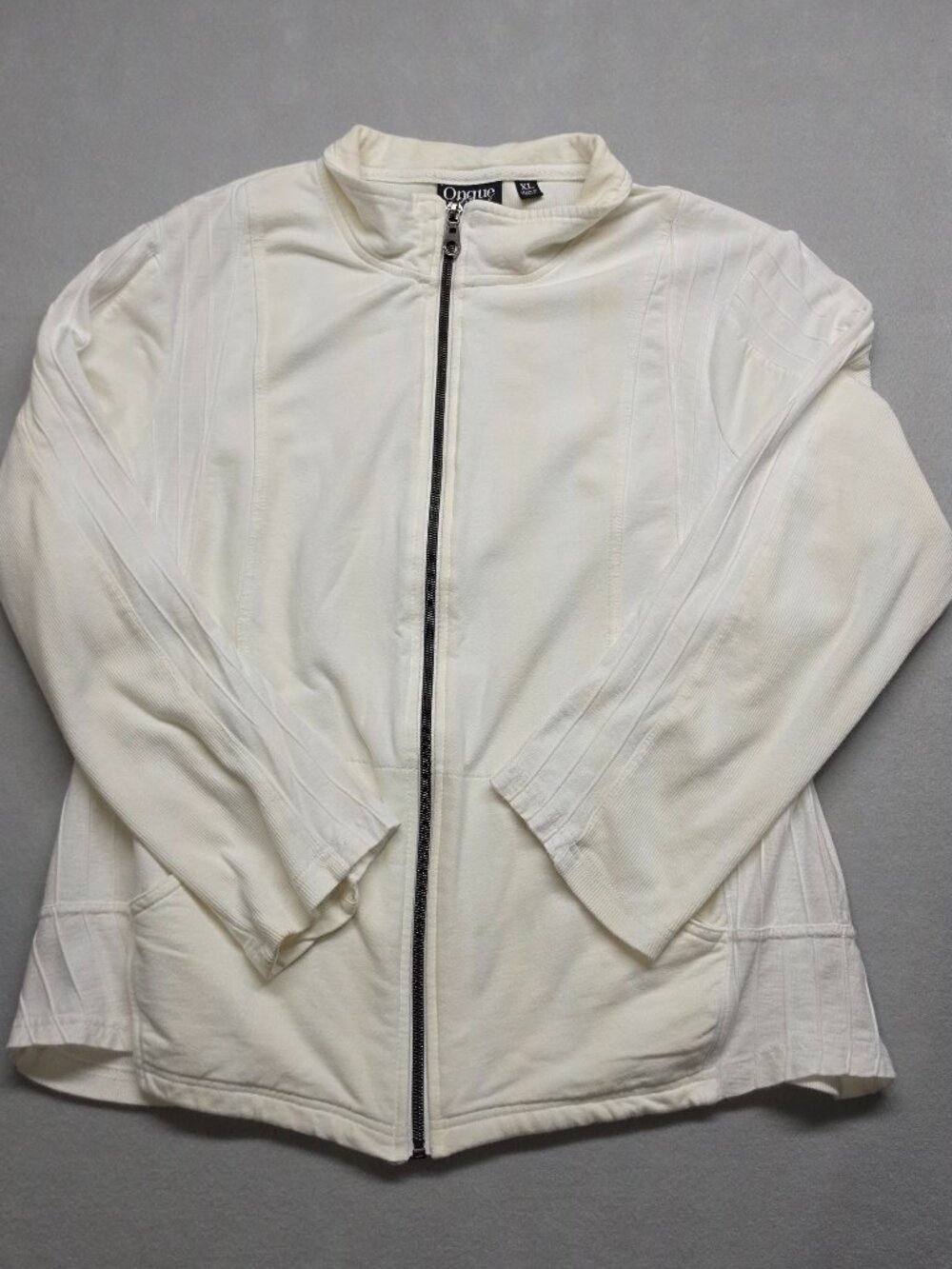 Onque Casual White Full Zip Ribbed Knit Jacket XL 3/4 Sleeve